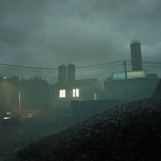 The official Flooded mission image showing an industrial complex in heavy rain